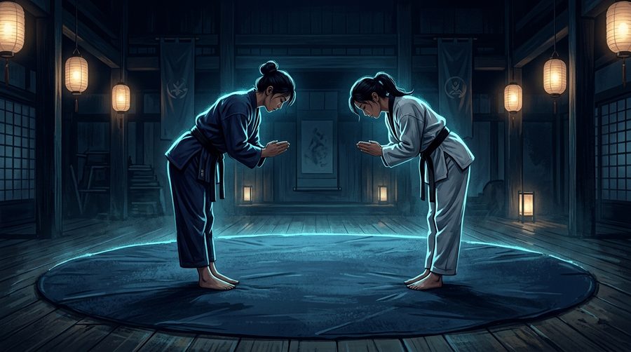Dua pesilat berpakaian berbeda berhadapan di atas lingkaran tikar latihan dengan sikap salam